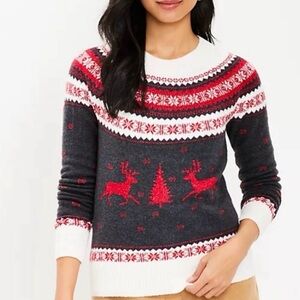 LOFT Festive Reindeer Sweater in Charcoal and Crimson